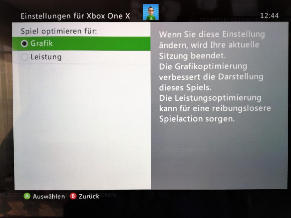 Xbox One X - Einstellungen Grafik / Leistung für Xbox One Spiele