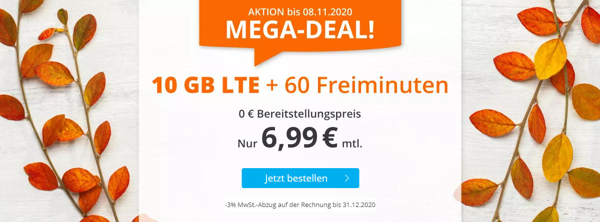 sim.de - 10 GB LTE-Datenvolumen mit 60 Freiminuten für 6,99 Euro im Monat 
