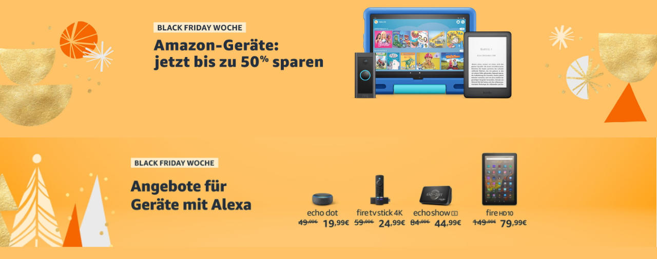 Angebote - Black Friday Woche 2021 - Echo, Fire TV, Kindle eReader - für und mit Alexa - Rabatte bis zu 55%