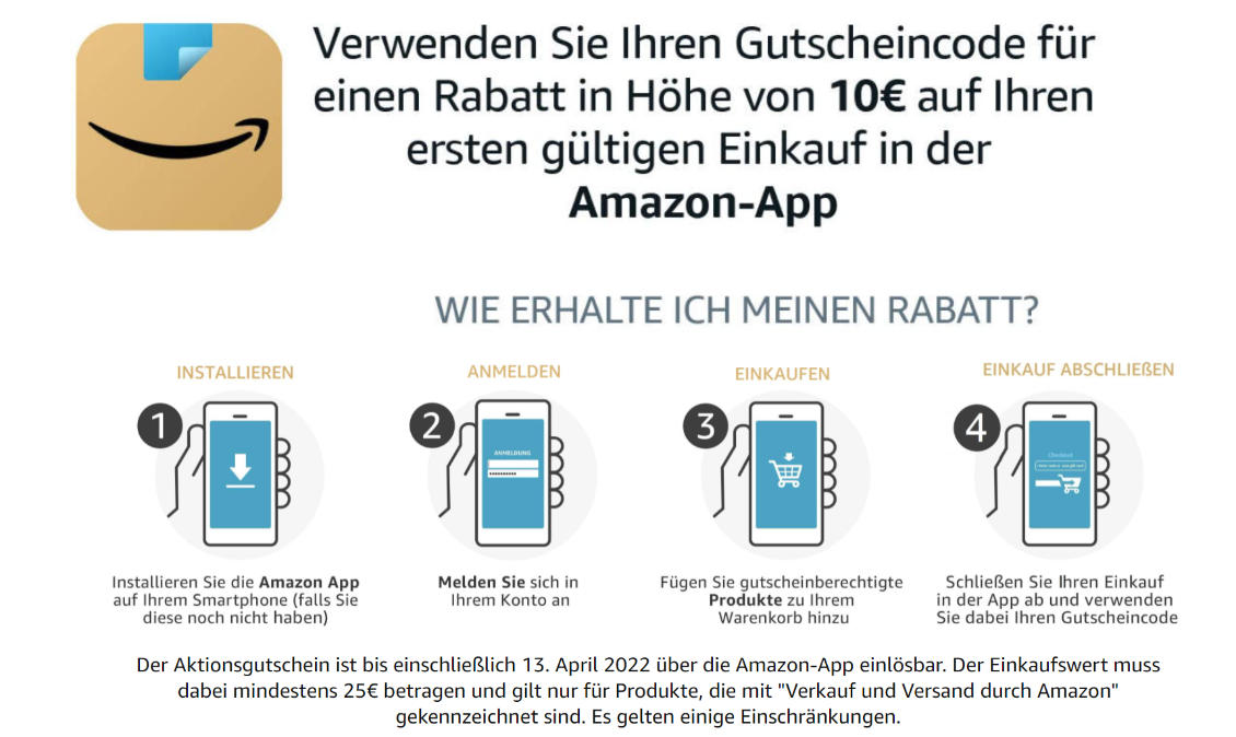 10 Euro Amazon Aktionsgutschein - für ersten Einkauf mit der Amazon-App - April 2022 - amazon.de