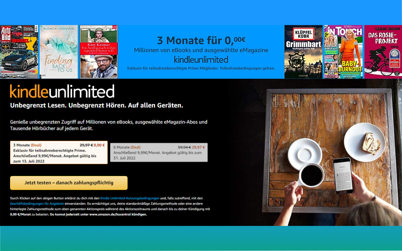 Amazon: 3 Monate Kindle Unlimited gratis mit Prime - eBooks, eMagazine und Hörbücher - Prime Day 2022