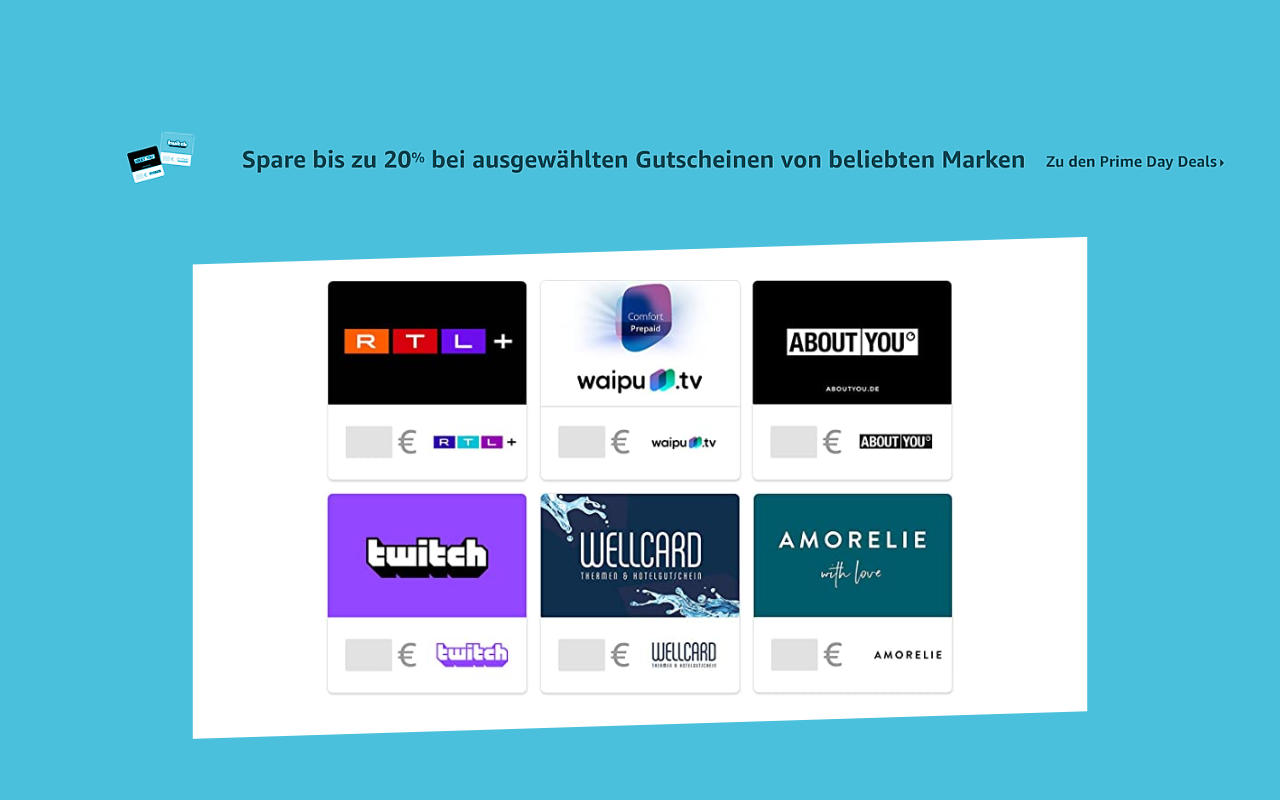 Bis 20% und mehr auf Geschenkgutscheine bei Amazon - RTL+, Twitch, waipu.tv, About You, Wellcard und Amorelie