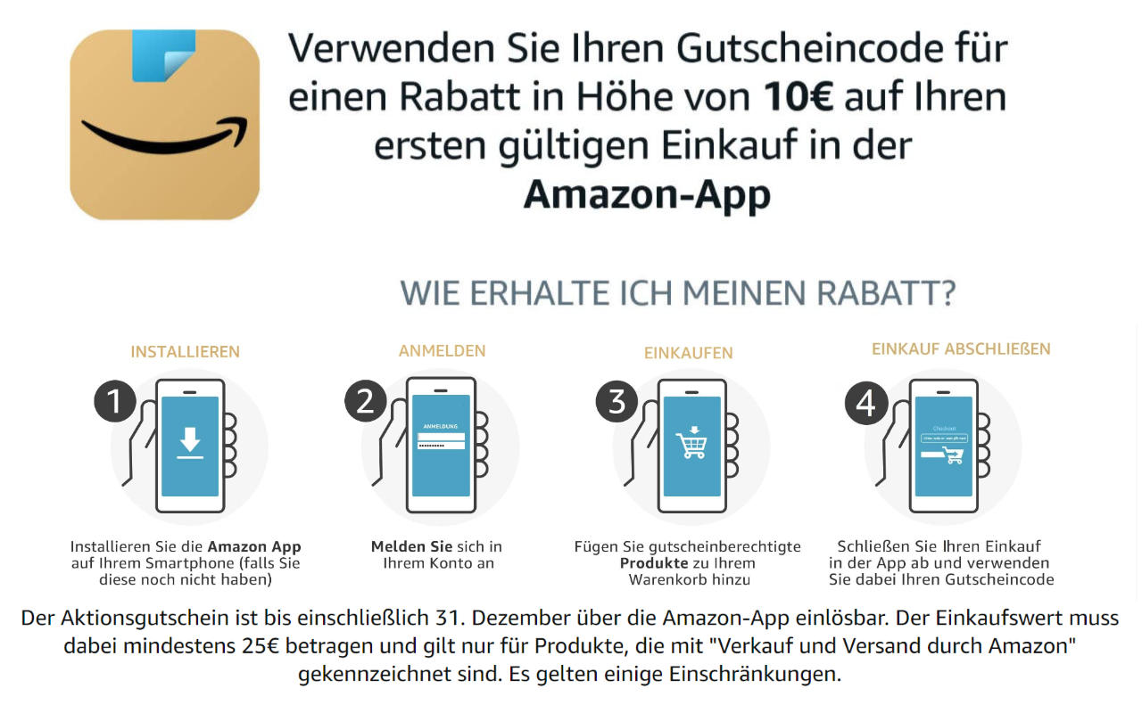10 Euro Amazon Aktionsgutschein - für ersten Einkauf mit der Amazon-App - Dezember 2022 - amazon.de