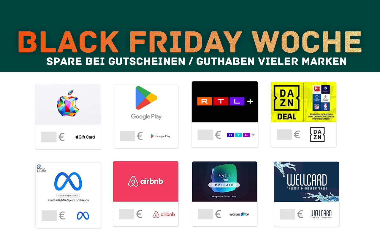 Google Play Guthaben, Apple Guthaben, DAZN, RTL+ Gutscheine günstiger - Black Friday 2023