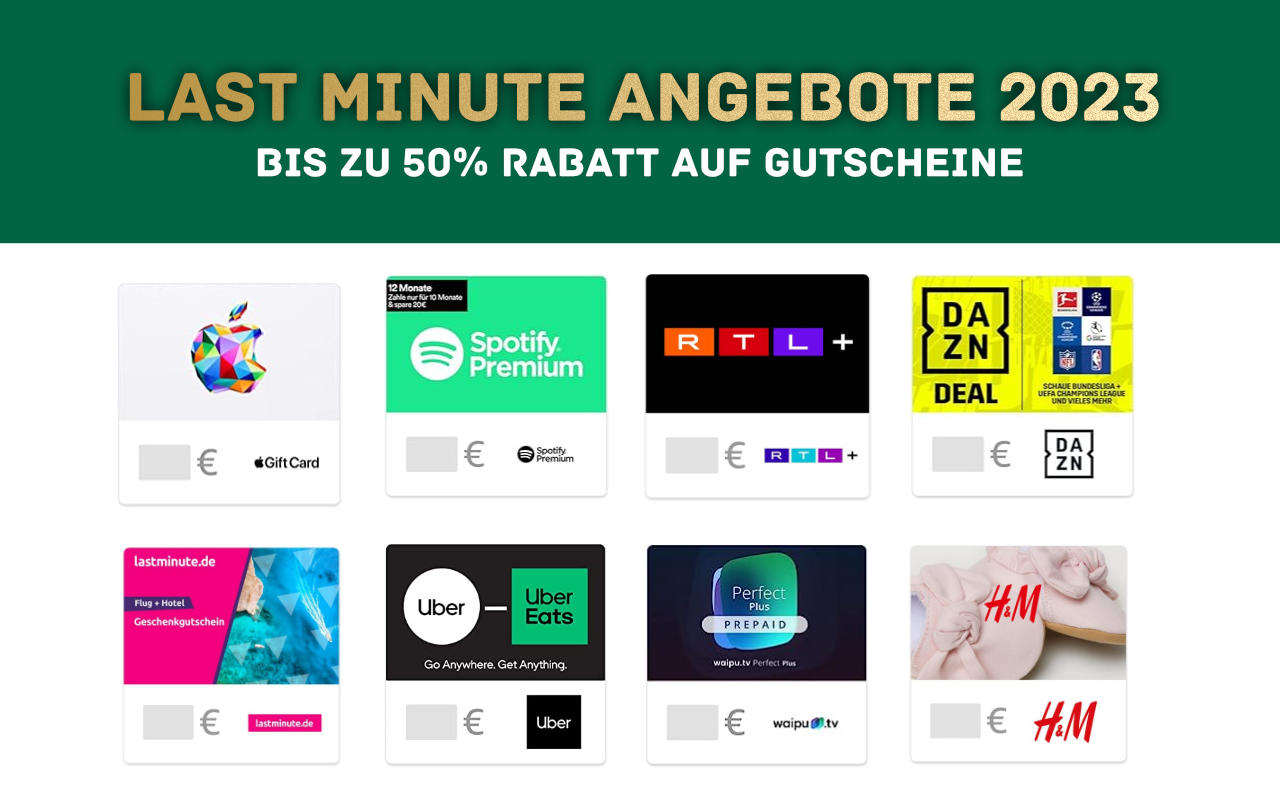 Spotify, Apple Guthaben, DAZN, RTL+ Gutscheine günstiger - Last Minute Angebote 2023