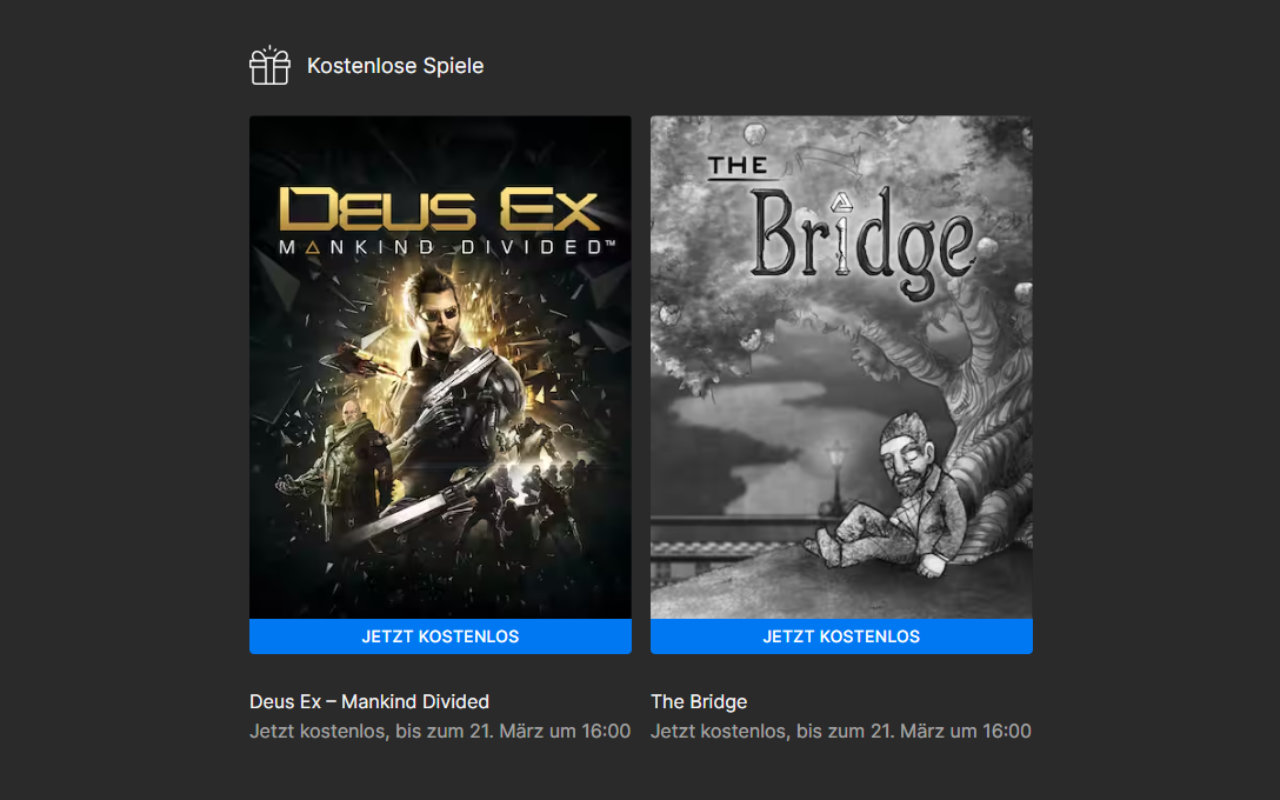 Deus Ex: Mankind Divided und The Bridge kostenlos im Epic Games Store bis 21. März 2024