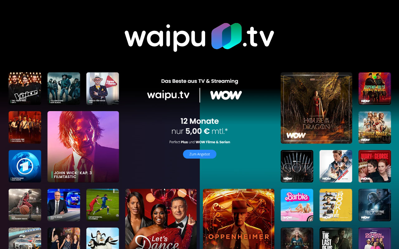 12 Monate waipu TV Perfect Plus inkl. WOW (Sky) Filme & Serien für 5 Euro im Monat